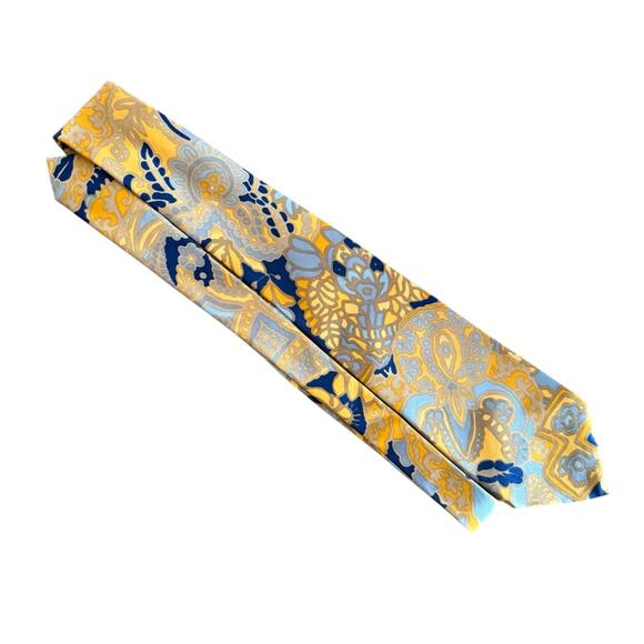 Vintage LANVIN Silk Tie 70s EUC Yellow Gold Blue France Abstract Floral Paisley - Picture 3 of 7